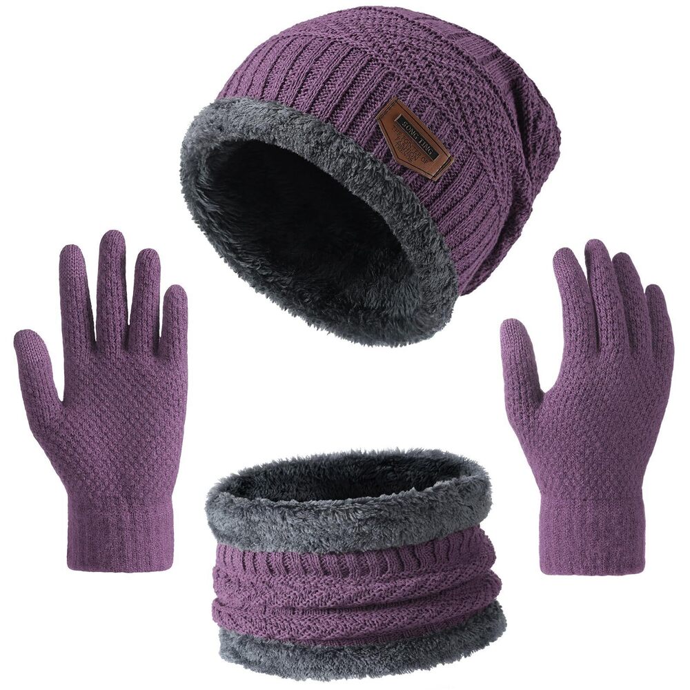 5915 Winter Beanie Hat Circle Scarf Touchscreen Gloves Set, Snow Knit Skull